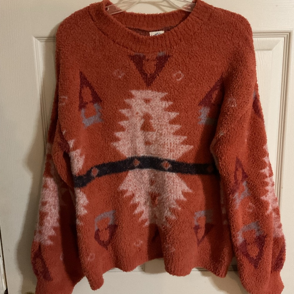 Blue Rain Terracotta Geometric Aztec orange warm fuzzy sweater m medium soft